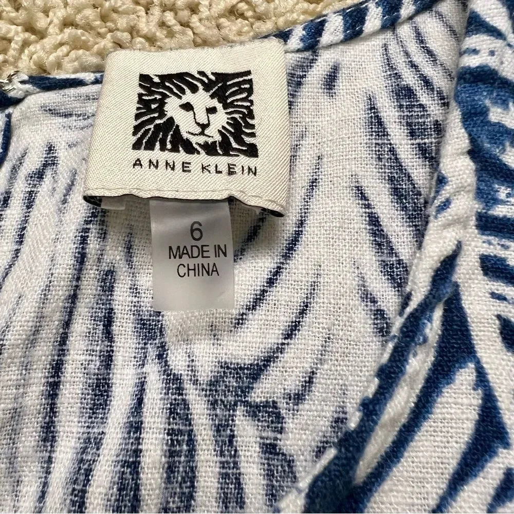 ANNE KLEIN Linen Blend Sleeveless A Line Dress Palm Print Blue White Size 6